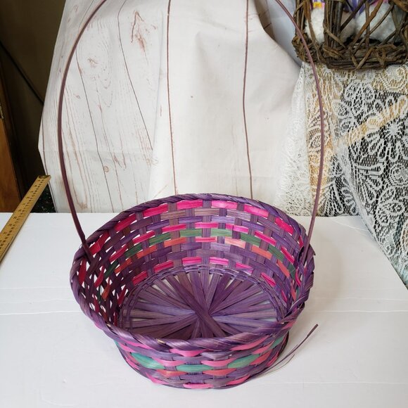 Purple and Pink Round Wicker Easter Basket 11" Girls - Picture 2 of 5